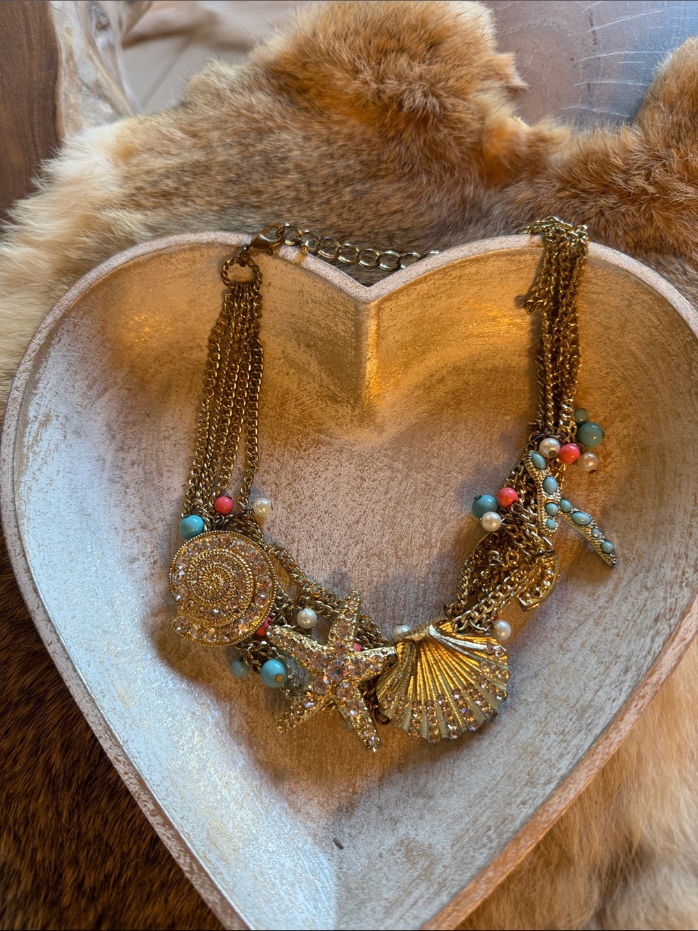 Gold-Tone Ocean Charm Statement Necklace with Turquoise & Coral in Beads